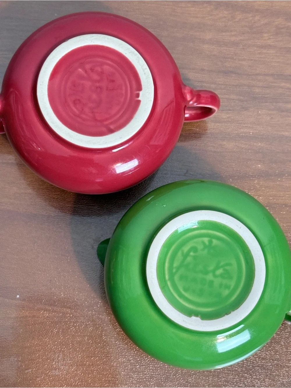 Fiesta HLC Red Sugar Bowl with Lid & Green Creamer